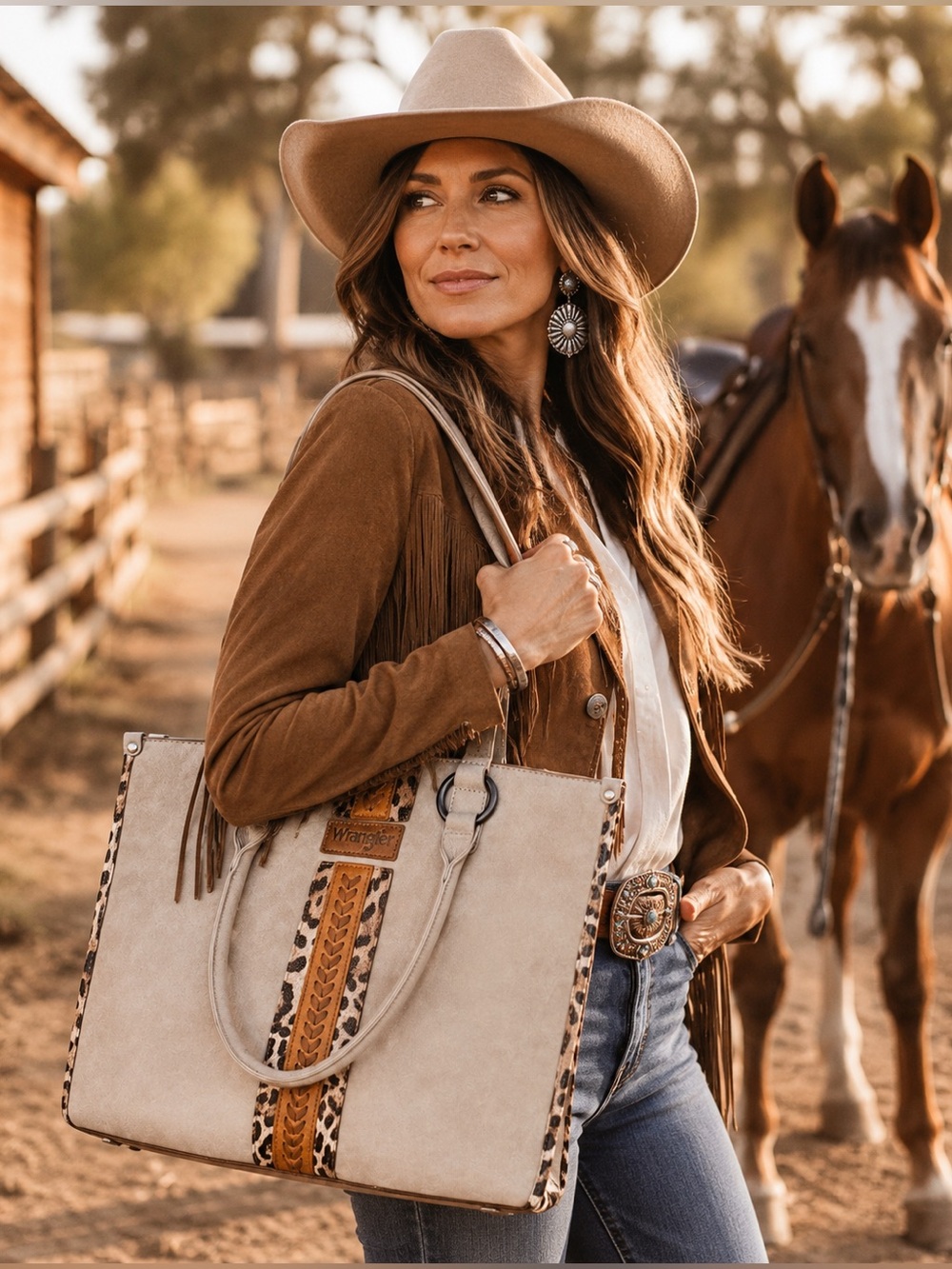 Wrangler Western Leopard Trim Large Tote / Shoulder Bag